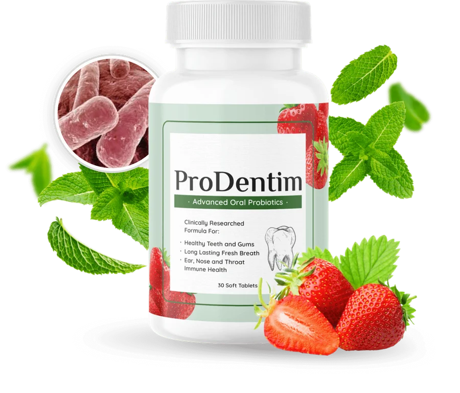 Frasco de ProDentim com morangos e hortelã